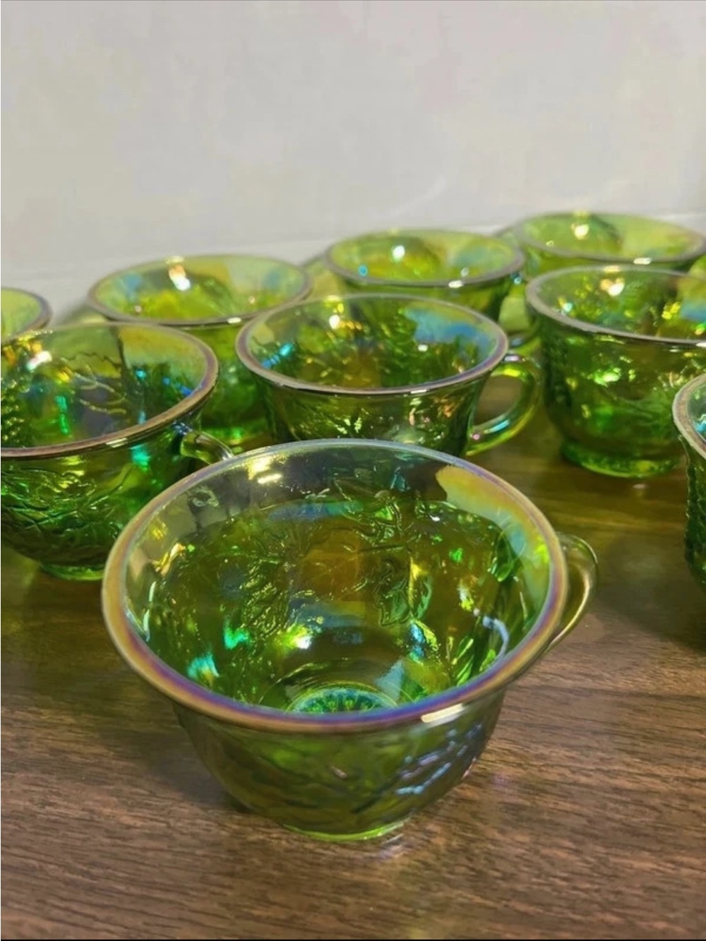 Vintage -12 Indiana Iridescent Green Glass Tea Cup Set - Home Art